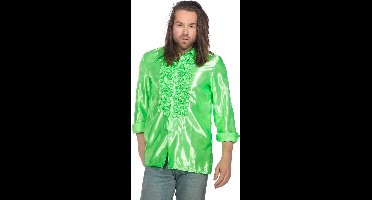 Jaren 80 & 90 Kostuum | Groene Ruchesblouse Satijn Foute Neon Disco | Maat 56 | Carnaval kostuum | Verkleedkleding