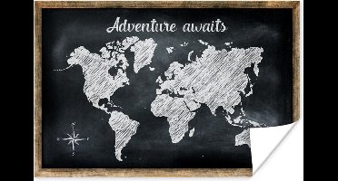Poster Wereldkaart - Krijtbord - Wit - 30x20 cm