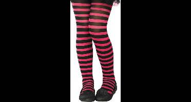 Carnaval verkleed panty voor kinderen van 6 tot 12 jaar - gestreept - zwart/roze - heksen - 40 denier