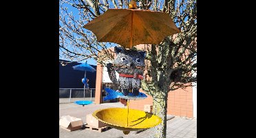 Tuindecoratie, Vogelvoerbakje met Kat, Art Bizniz, Blauw, BW24200, Metaal, 30x30x46 cm