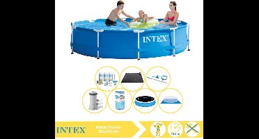 Intex Rond Frame Zwembad - 366 x 76 cm - Blauw - Inclusief Pomp - Solarzeil - Onderhoudspakket - Filter - Grondzeil - Schoonmaakset - Solar Mat - 8-delig
