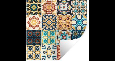 Muurstickers - Sticker Folie - Bloemen - Vintage - Patroon - Blauw - Oranje - 30x30 cm - Plakfolie - Muurstickers Kinderkamer - Zelfklevend Behang - Zelfklevend behangpapier - Stickerfolie