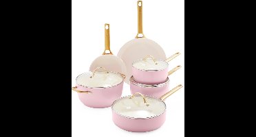 GreenPan Padova Aluminium Pannenset 10-Delig - Ø18cm-28cm - PFAS-vrij - Inductie - Ovenbestendig tot 200 graden - Gouden RVS handgrepen - Roze - Incl deksels