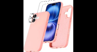 Hoesje Geschikt voor iPhone 16 – Zacht siliconen liquid backcover met 2x screenprotectors gehard glas en 1x lens protector – Licht Roze