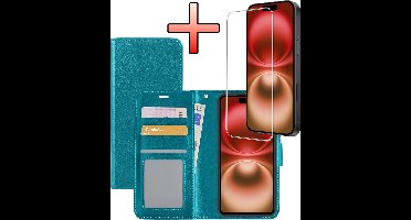 Hoesje - Met Screenprotector - Geschikt voor Apple iPhone 16 - Luxe Pasjeshouder - Bookcase Portemonee - Flip Case - Kunstleer Book Case - Flipcase - Book Cover - Walletcase - Portemonneehoes - Turquoise