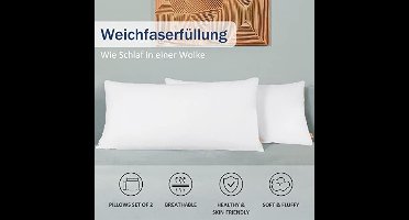 Set van 2 40 x 80 cm, zacht, comfortabel, ademend microvezelkussen, wasbaar, gevuld met gesiliconiseerde holle vezels, wit