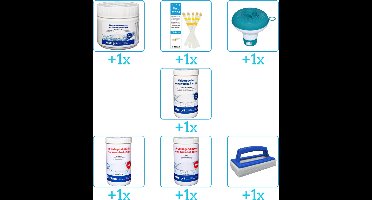 Zwembad Onderhoudspakket - Onderhoud Zwembad - bevat Chloor - Testrips - Chloordrijver - Chloor - PH-min - PH-plus en Scrubborstel (7-delig)