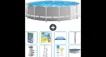 Intex Rond Prism Frame Zwembad - 457 x 122 cm - Grijs - Inclusief Pomp - Ladder - Grondzeil - Afdekzeil - Onderhoudspakket - Thermometer - 9-delig
