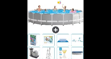 Intex Rond Prism Frame Zwembad - 610 x 132 cm - Grijs - Inclusief Pomp - Ladder - Grondzeil - Afdekzeil - Loungebed - Schoonmaakset - 9-delig