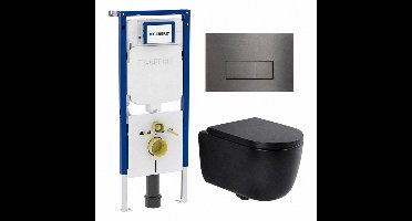 QeramiQ Dely Swirl Toiletset - 36.3x51.7cm - Geberit UP720 Duofix Sigma inbouwreservoir - 35mm zitting - gunmetal bedieningsplaat - rechthoekige knoppen - mat zwart