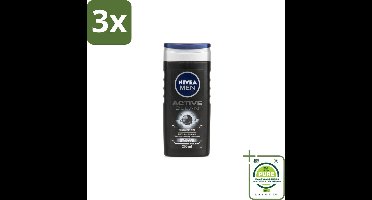 3 x NIVEA Men Douchegel Active Clean 250 ml - Grootverpakking - Douchegel Mannen - Reiniging Huid - Actieve Houtskool - Vuil Verwijderen - Huid Verzorging