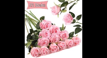 25 Stuks Kunstrozen, Realistische Fluwelen Zijden Bloemen, Kunstbloemen Met Lange Steel, Boeket Voor Bruiloften, Thuisfeesten, Tafeldecoraties (Roze)