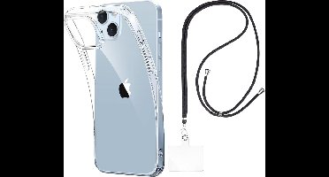 Set met hoesje en nekband voor iphone 15 - Flexibele, transparante TPU-bescherming, verstelbare universele nekband voor mobiele telefoons, zwarte nekband, transparante draagriem van Phonillico®