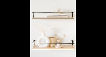 PromoHome Zwevende Wandplanken Set - Moderne Berken Hout Look - Sterke Metaal Constructie