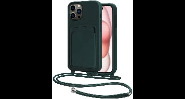 Hoes Geschikt voor iPhone 14 Pro Hoesje Pasjeshouder Cover Met Koord Case Siliconen Hoes Met Telefoonkoord en Kaarthouder - Donkergroen