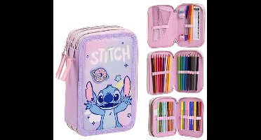 Stitch Etui Meisjes – 44-delig Tekenetui – Gevuld 3-vaks Pennenzak met Kleurrijke Inhoud