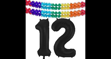 Folat folie ballonnen - Leeftijd cijfer 12 - zwart - 86 cm - en 2x feestslingers gekleurd 600 cm - versiering - feestartikelen