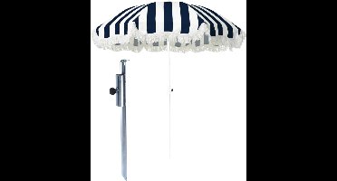 Strand / tuin / camping parasol - met metalen grondharing - blauw/wit - D180 cm - verstelbaar - UV straling bestendig