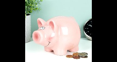 Out of the Blue Spaarpot varken - Roze keramiek dier met sleutel - 15 x 11 cm