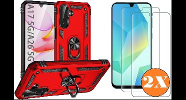 Hoesje Geschikt voor Samsung Galaxy A17 5G / A26 5G Hoesje Rood Anti-Shock Hybrid Armor hoesje Met Draaibare Ring Houder - Samsung A17 Screenprotector 2 pack