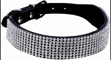 ByShane - Strass halsband van suède leer met kristal diamanten - Voor kleine huisdier - Zwart - Maat M