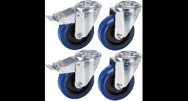 Dörner + Helmer set van 4 professionele wielen, 100 mm, blauw elastisch massief rubber, boutgat, wielmix, draagvermogen 450 kg/set