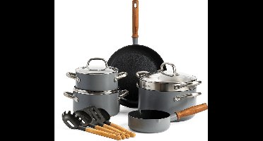 GreenPan Mayflower Pro keramische pannenset 13-delig - 16-28 cm - inductie pannenset - inductie pan - Koekenpan 28 cm - Kookpan met deksel 20/24/28 cm - Steelpan 16 cm - 4 houten spatels - Vergiet - PFAS-vrij - grijs - houten handvat