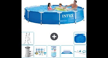 Intex Rond Frame Zwembad - 366 x 76 cm - Blauw - Inclusief Pomp Onderhoudspakket - Filter - Grondzeil - Schoonmaakset - Ladder - Voetenbad