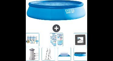 Intex Rond Opblaasbaar Easy Set Zwembad - 457 x 107 cm - Blauw - Inclusief Pomp - Ladder - Grondzeil - Afdekzeil Onderhoudspakket - Filters - Vloertegels
