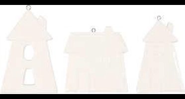 Hangende ornamenten, huizen, H: 7,6-9,7 cm, wit, 3 stuk/ 1 doos