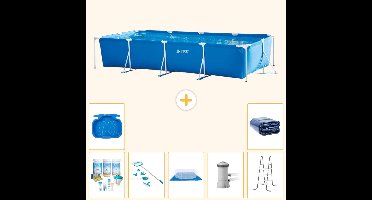 Intex Rechthoekig Frame Zwembad - 450 x 220 x 84 cm - Blauw - Inclusief Onderhoudspakket - Schoonmaakset - Grondzeil - Zwembadfilterpomp - Voetenbad - Ladder - Solarzeil - 8-delig