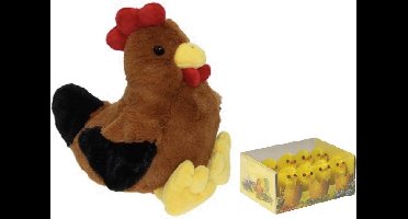 Decoris Pluche bruine kippen knuffel - 25 cm - met 8x stuks mini kuikentjes 3 cm - Paas/pasen decoratie