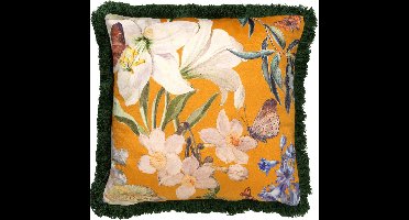 Dutch Decor HANNA - sierkussen 45x45 cm - bloemen - vlinders - franjes - Golden Glow - geel - Inclusief binnenkussen