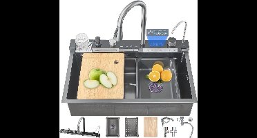 Keukenspoelbak – Spoelbak – Gootsteen – Wasbak – Spoelbakken – RVS Geborsteld – Enkele Bak 75x45 cm – Digitale Display – Uitneembare Uittrekbare Kraan