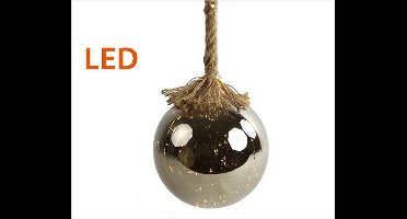 Glazen Bal zilver met LED - 12 cm - Jute touw 95 cm