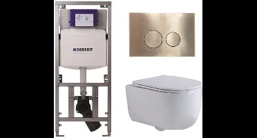 QeramiQ Dely Swirl Toiletset - 36.3x51.7cm - diepspoel - rimless - Geberit UP320 inbouwreservoir - met Burda frame -slim zitting - geborsteld messing bedieningsplaat - ronde knoppen - wit mat