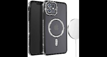 Hoesje met Diamantjes en Glitter Geschikt voor: iPhone 11 - MagSafe Glitter Hoesje - Zwart met Diamanten steentjes - Glamour Hoesje