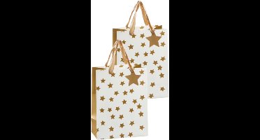 Luxe papieren giftbags/cadeau tasjes - Set van 6x stuks - goud sterretjes - 26 x 32 x 12 cm - goodie bags