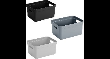Set van 9x stuks opbergboxen/opbergmanden 5 liter kunststof - 3x zwart/3x lichtgrijs/3x blauw - Formaat per box: 25,2 x 18 x 12,2 cm