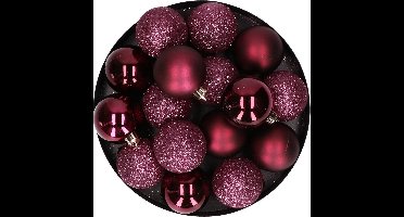 12x stuks kunststof kerstballen aubergine roze 6 cm mat/glans/glitter -Onbreekbare plastic kerstballen - Kerstversiering