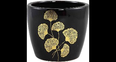 PTMD Dalina Ronde Pot Ginkgo Blad - H17 x Ø20 cm - Keramiek - Zwart