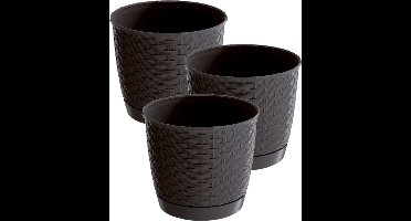 3x stuks ronde gevlochten plantenpotten/bloempotten kunststof dia 19 cm en hoogte 16.5 cm in het donkerbruin