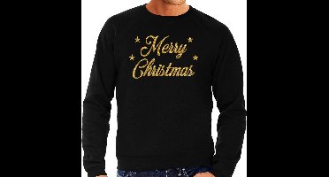 Foute Kersttrui - sweater - Merry Christmas - goud / glitter - zwart - heren - kerstkleding / kerst outfit M