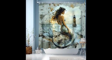 Boraboi ® Douchegordijn, 180 x 180 cm, gewicht douchegordijn, waterdicht, badgordijn, badkamergordijn voor badkamer, bad, douchegordijn met motief, zeemeermin (180 x 180 cm)