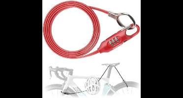 Fietskabelslot, 1,5 m, lang fietsslot met 3 cijfers, duurzame code, diefstalbeveiliging, voor fiets, straat, MTB, zwart/rood