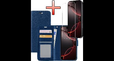 Hoesje - Met Screenprotector - Geschikt voor Apple iPhone 16 Pro - Luxe Pasjeshouder - Bookcase Portemonee - Flip Case - Kunstleer Book Case - Flipcase - Book Cover - Walletcase - Portemonneehoes - Donkerblauw