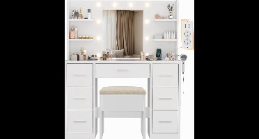 Sierra, Grote Kaptafel met Spiegel en Verlichting,Make-up Tafel met LED-spiegel,verstelbare helderheid,stopcontacten,haardrogerhouder,10 lampen,7 laden,6 planken,slaapkamer,modern (Wit+Wit)