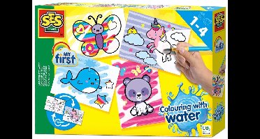 SES Creative - My First - Kleuren met water - Fantasie dieren – Verven - zonder geknoei - inclusief 4 kleurplaten en kwast - steeds opnieuw te gebruiken – 1 tot 4 jaar