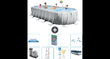 Intex Ovaal Prism Frame Zwembad - 610 x 305 x 122 cm - Grijs - Inclusief Pomp - Ladder - Grondzeil - Afdekzeil Schoonmaakset - 8-delig