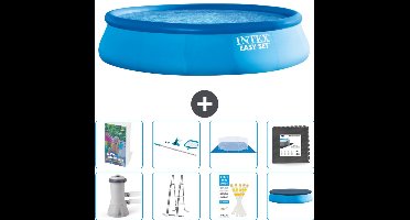 Intex Rond Opblaasbaar Easy Set Zwembad - 457 x 107 cm - Blauw - Inclusief Pomp - Ladder - Grondzeil - Afdekzeil - Schoonmaakset - Vloertegels - 9-delig